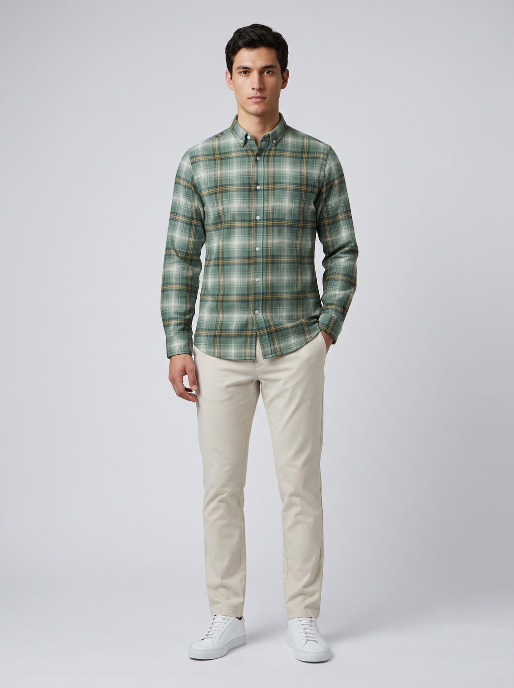Men’s Sage Green Check Full Sleeve Shirt | Plaid Casual Shirt