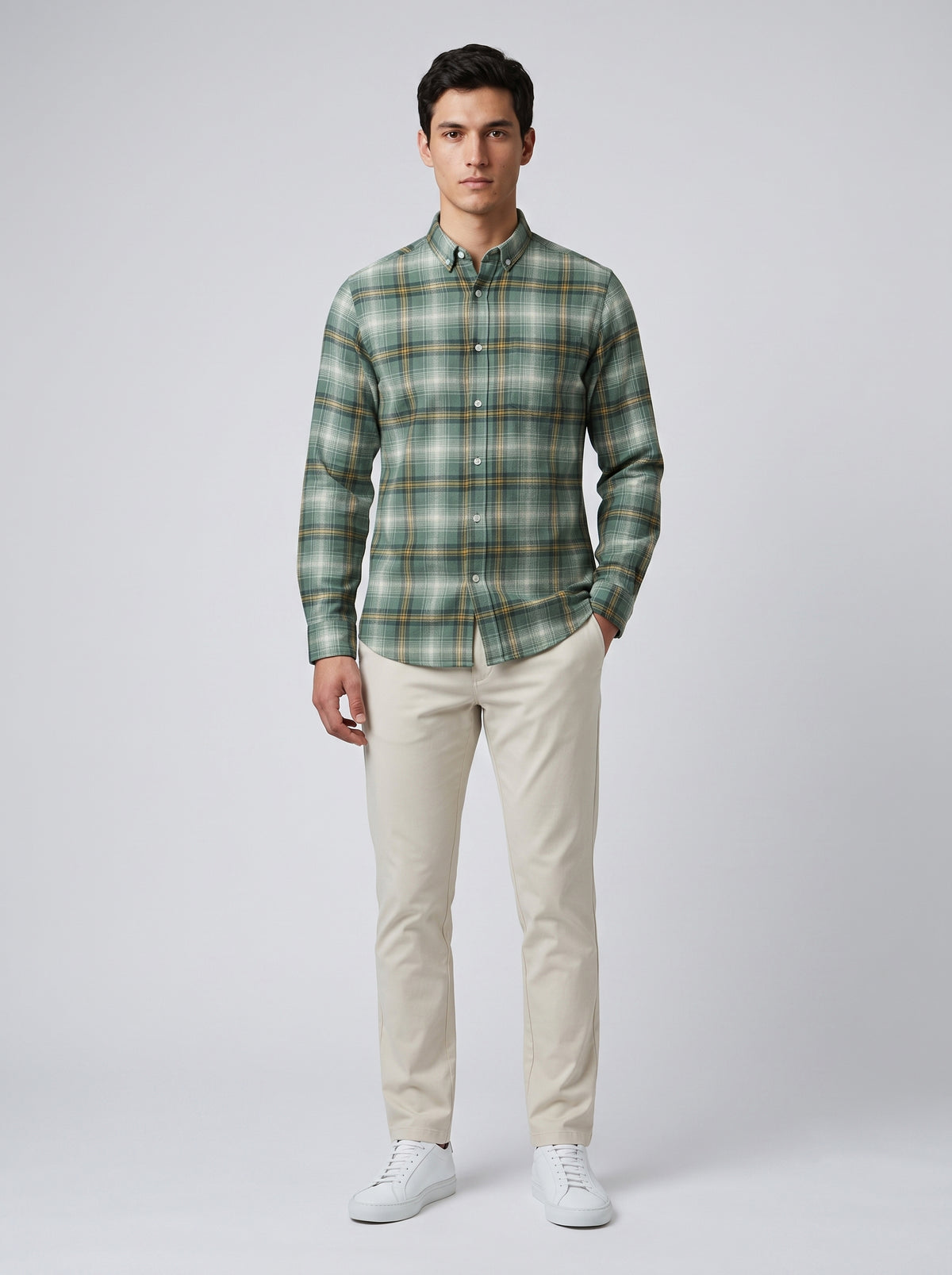 Men’s Sage Green Check Full Sleeve Shirt | Plaid Casual Shirt