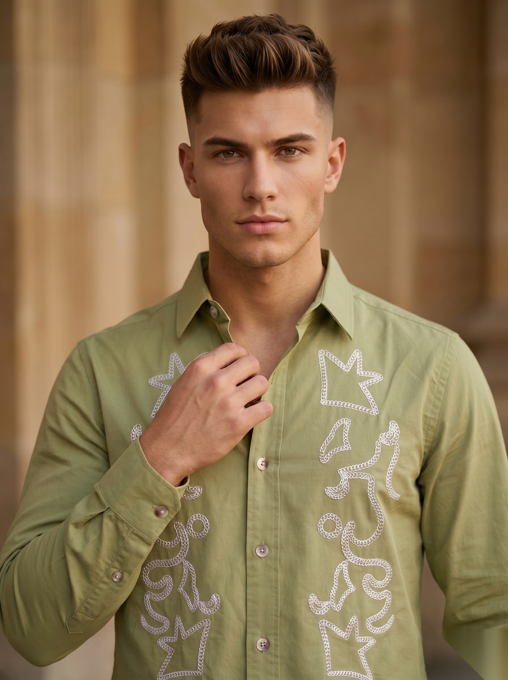 Snipes embroidery full-sleeve shirt with detailed floral embroidery, button-up front, and classic collar on white fabric.