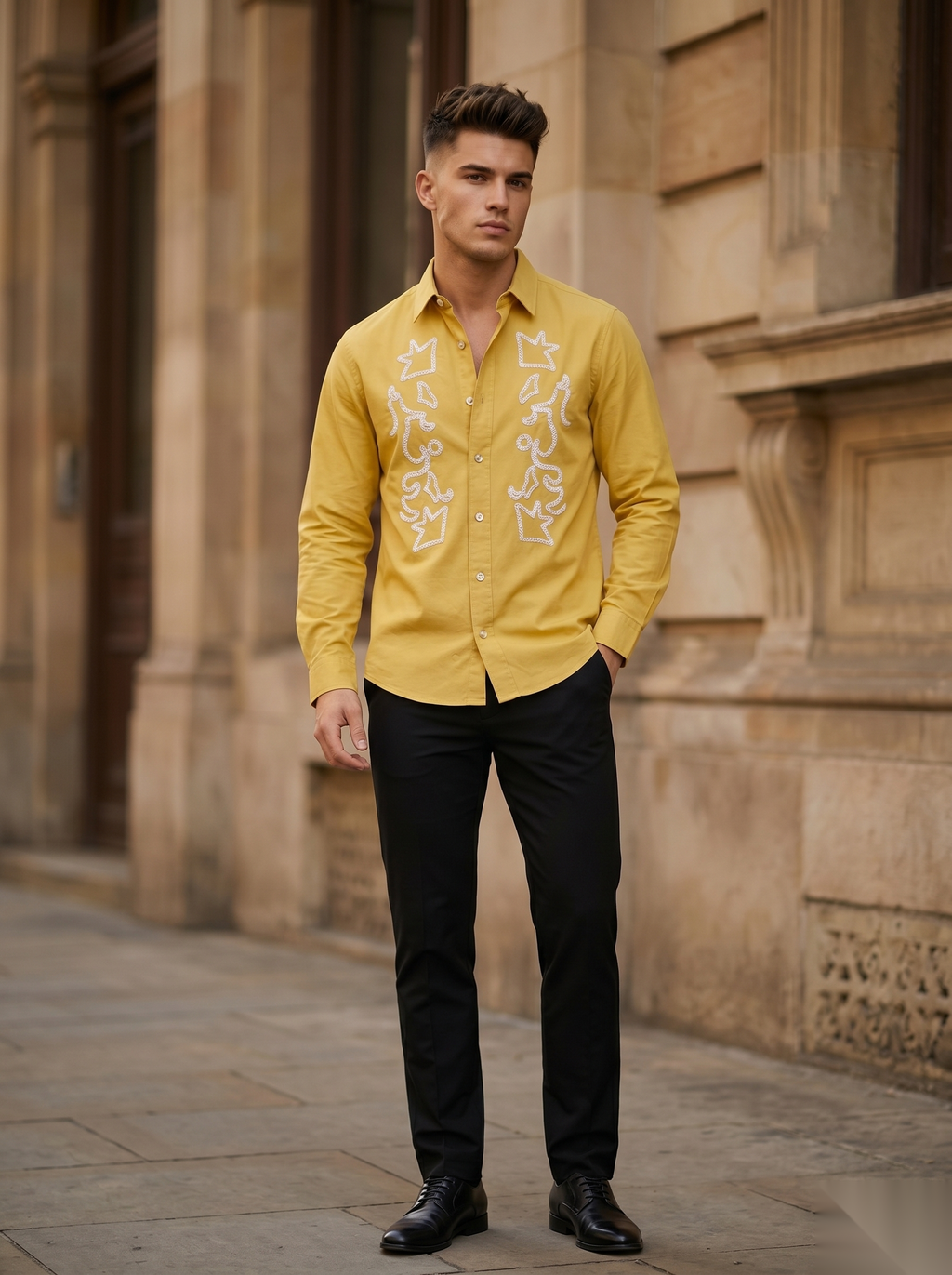 Snipes embroidery full-sleeve shirt featuring intricate embroidery details and a classic fit, displayed on a hanger.