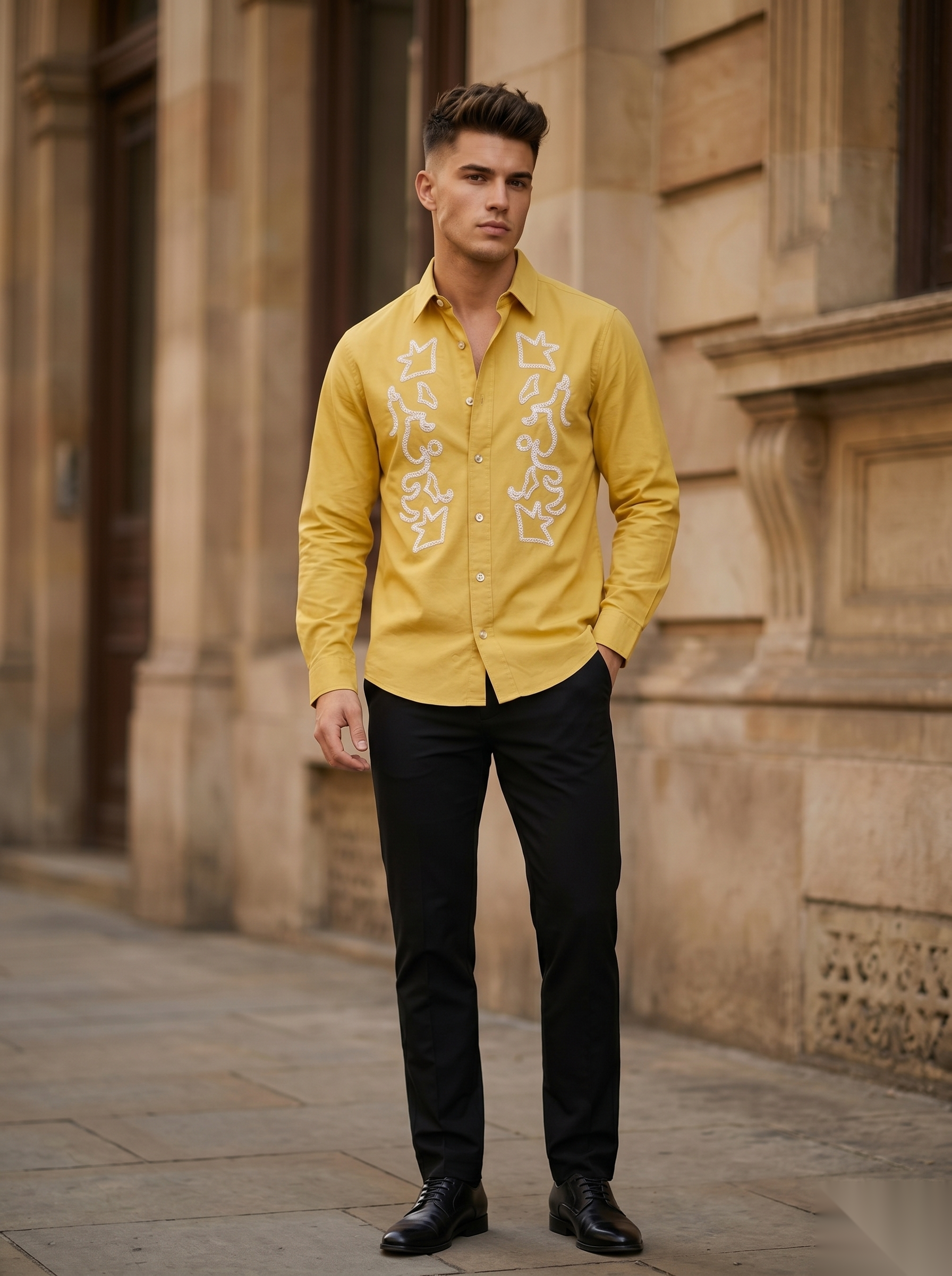 Snipes embroidery full-sleeve shirt featuring intricate embroidery details and a classic fit, displayed on a hanger.