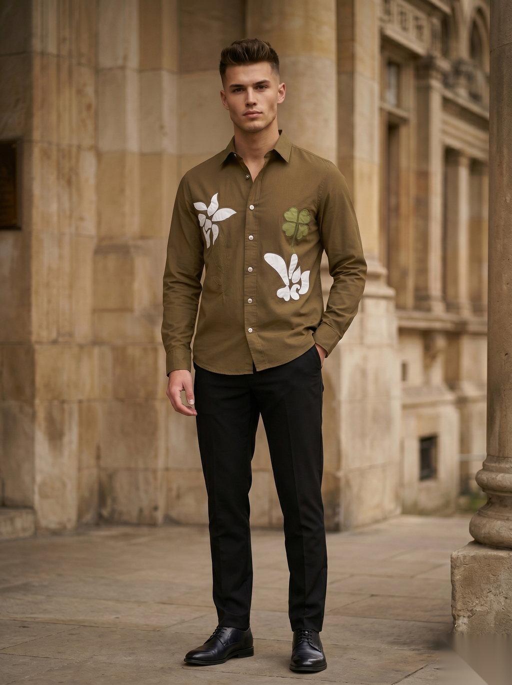 Snipes embroidery full-sleeve shirt with detailed floral embroidery on the front and long sleeves, casual and stylish fashion top.