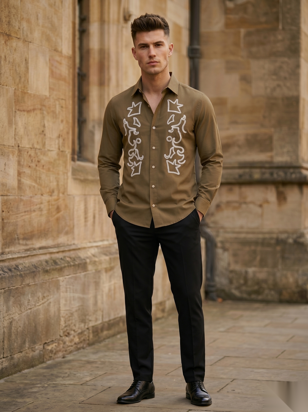 Snipes embroidery full-sleeve shirt with intricate stitched design, long sleeves, and classic collar, casual style for men.