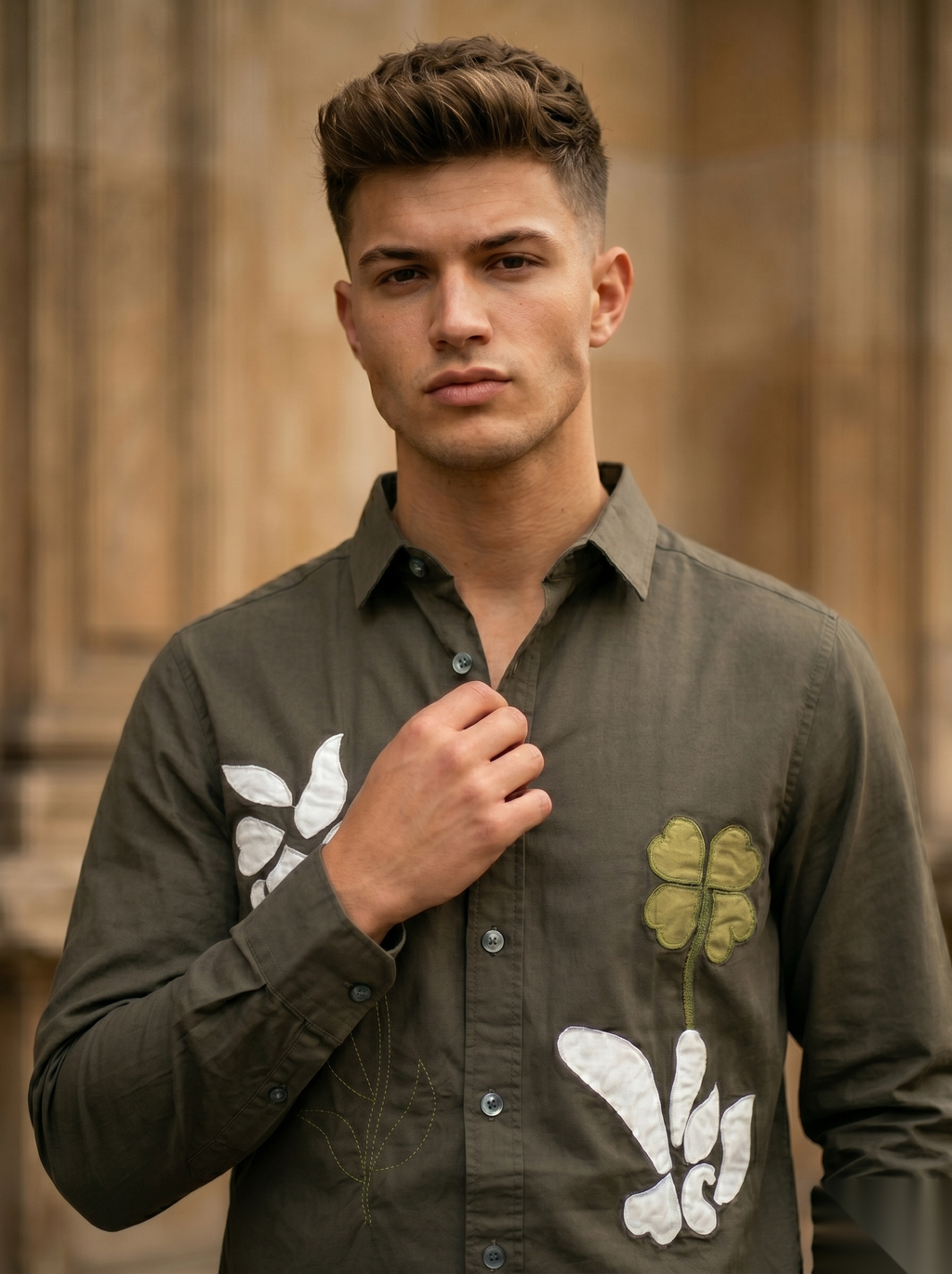 Snipes embroidery full-sleeve shirt with detailed floral embroidery, long sleeves, and casual fit, shown on a model.