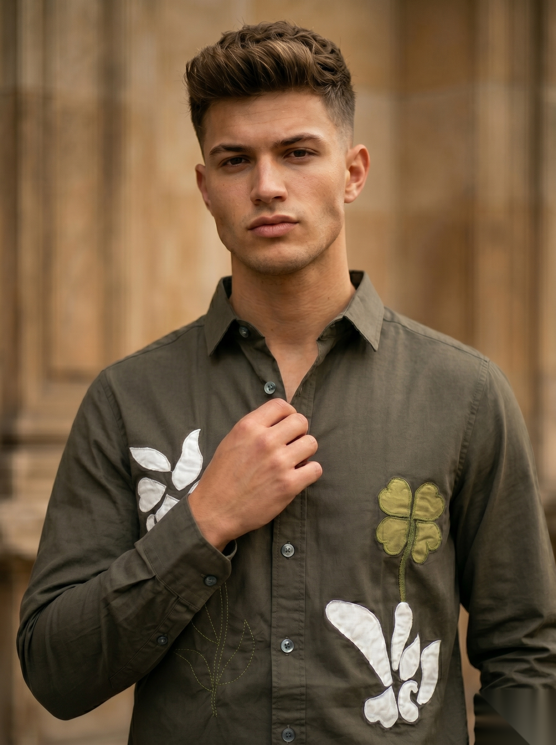 Snipes embroidery full-sleeve shirt with detailed floral embroidery, long sleeves, and casual fit, shown on a model.