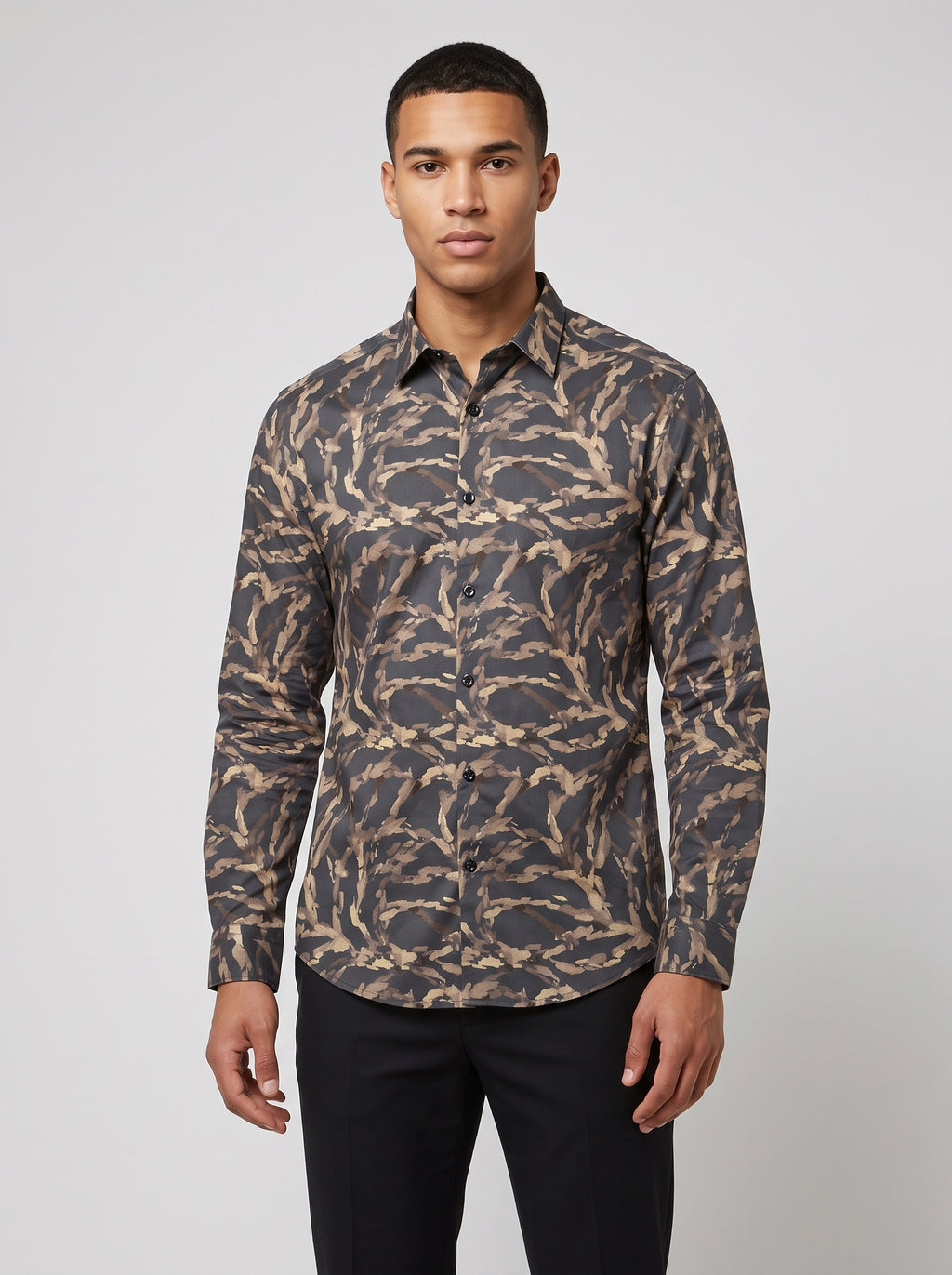 Men’s Charcoal Grey Satin Printed Abstract Shirt
