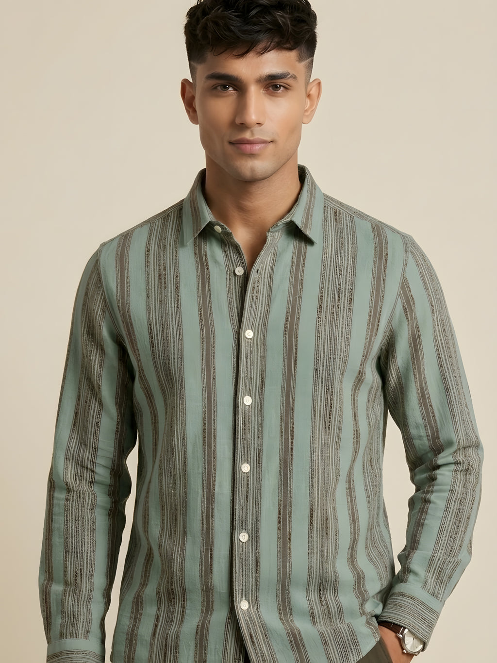 Green Snipes Premium Stripes Shirt with vertical white and green stripes, classic collar, and button-down front.