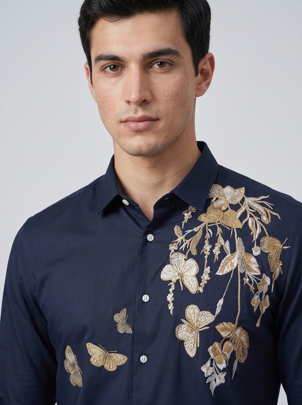 Men’s Floral Butterfly Print Stone Work Shirt