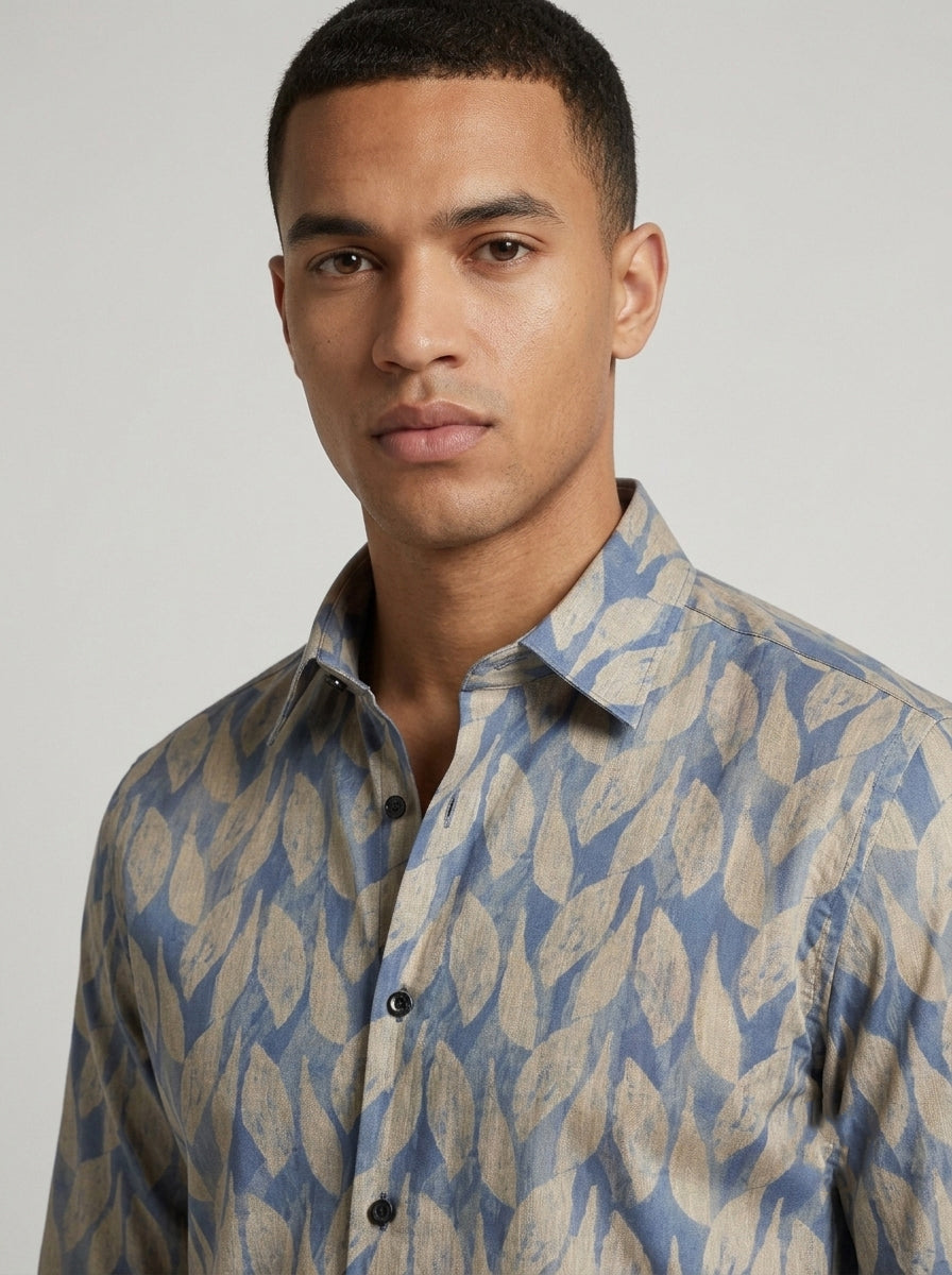 Men’s Satin Printed Leaf Pattern Full-Sleeve Shirt