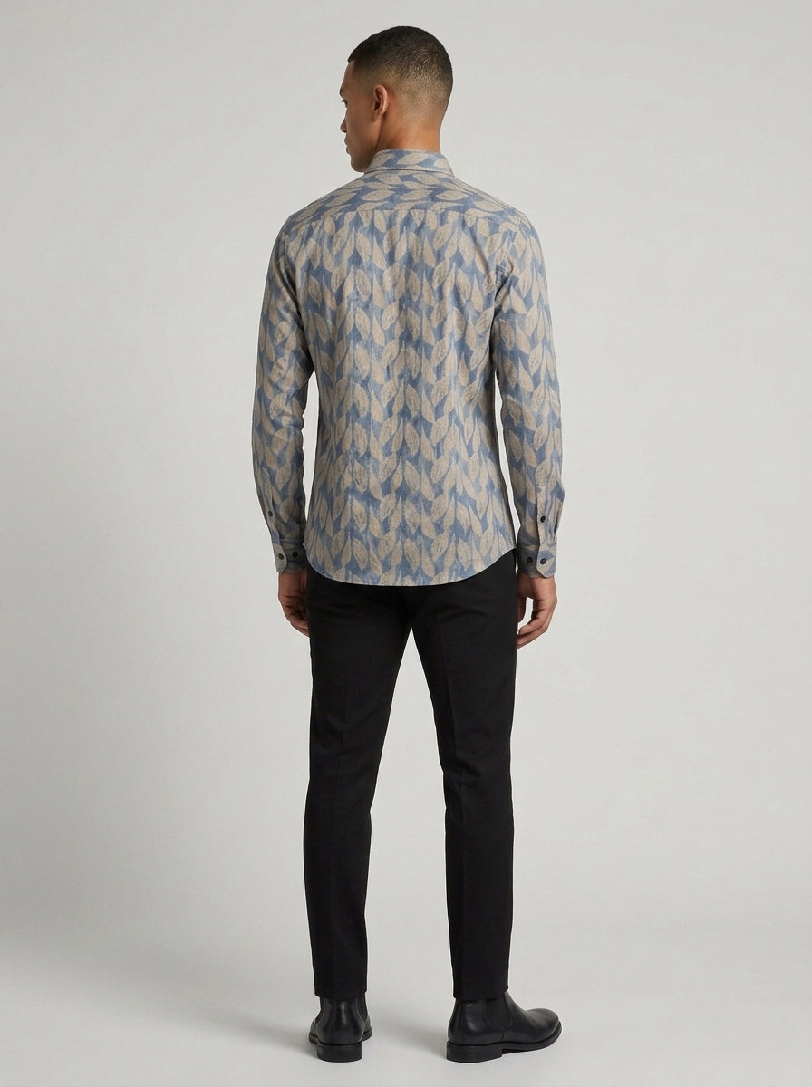 Men’s Satin Printed Leaf Pattern Full-Sleeve Shirt