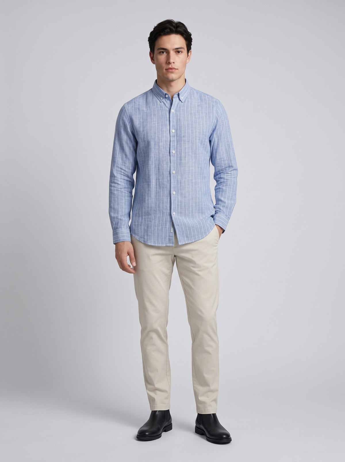 Men’s Linen Vertical-Striped Full-Sleeve Shirt