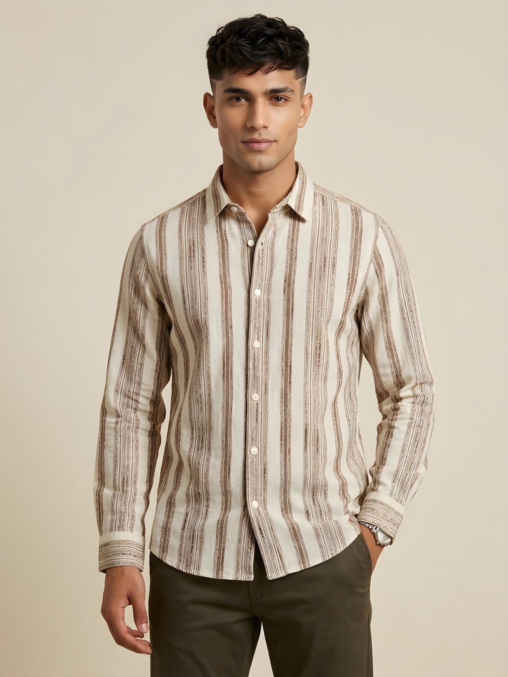 Beige Snipes premium striped shirt with a classic fit, featuring bold horizontal stripes and a button-down collar.