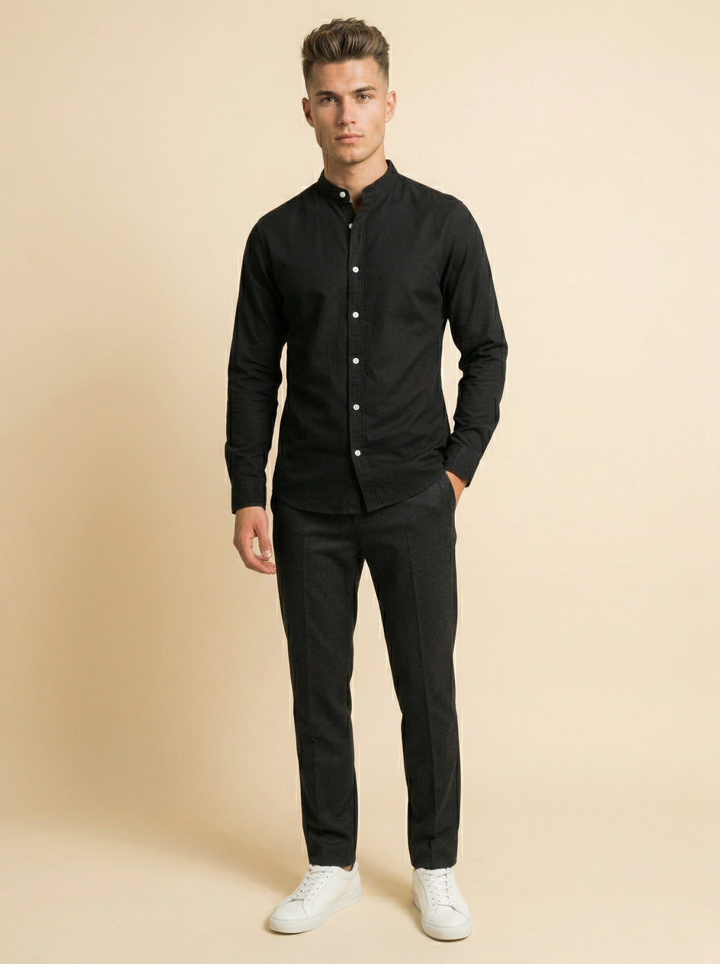 Linen Mandarin collar shirt by Snipes featuring a lightweight fabric, classic design, and button-front closure.