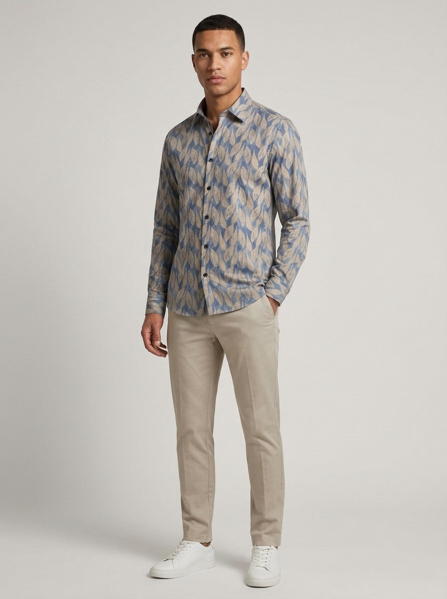Men’s Satin Printed Leaf Pattern Full-Sleeve Shirt