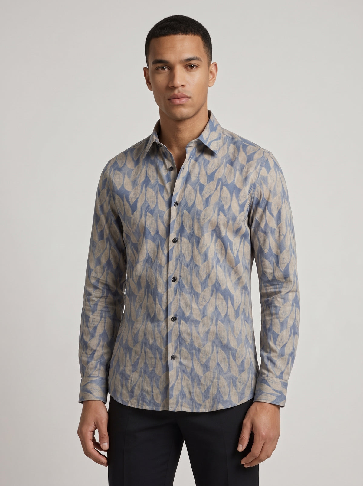 Men’s Satin Printed Leaf Pattern Full-Sleeve Shirt