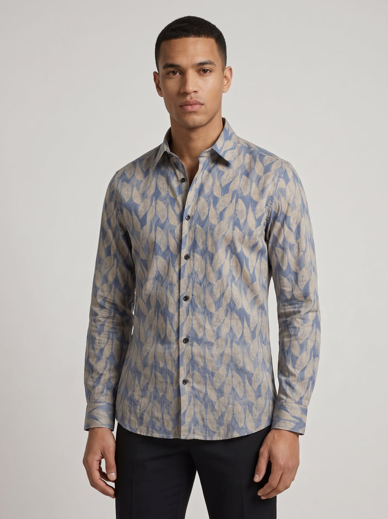 Men’s Satin Printed Leaf Pattern Full-Sleeve Shirt