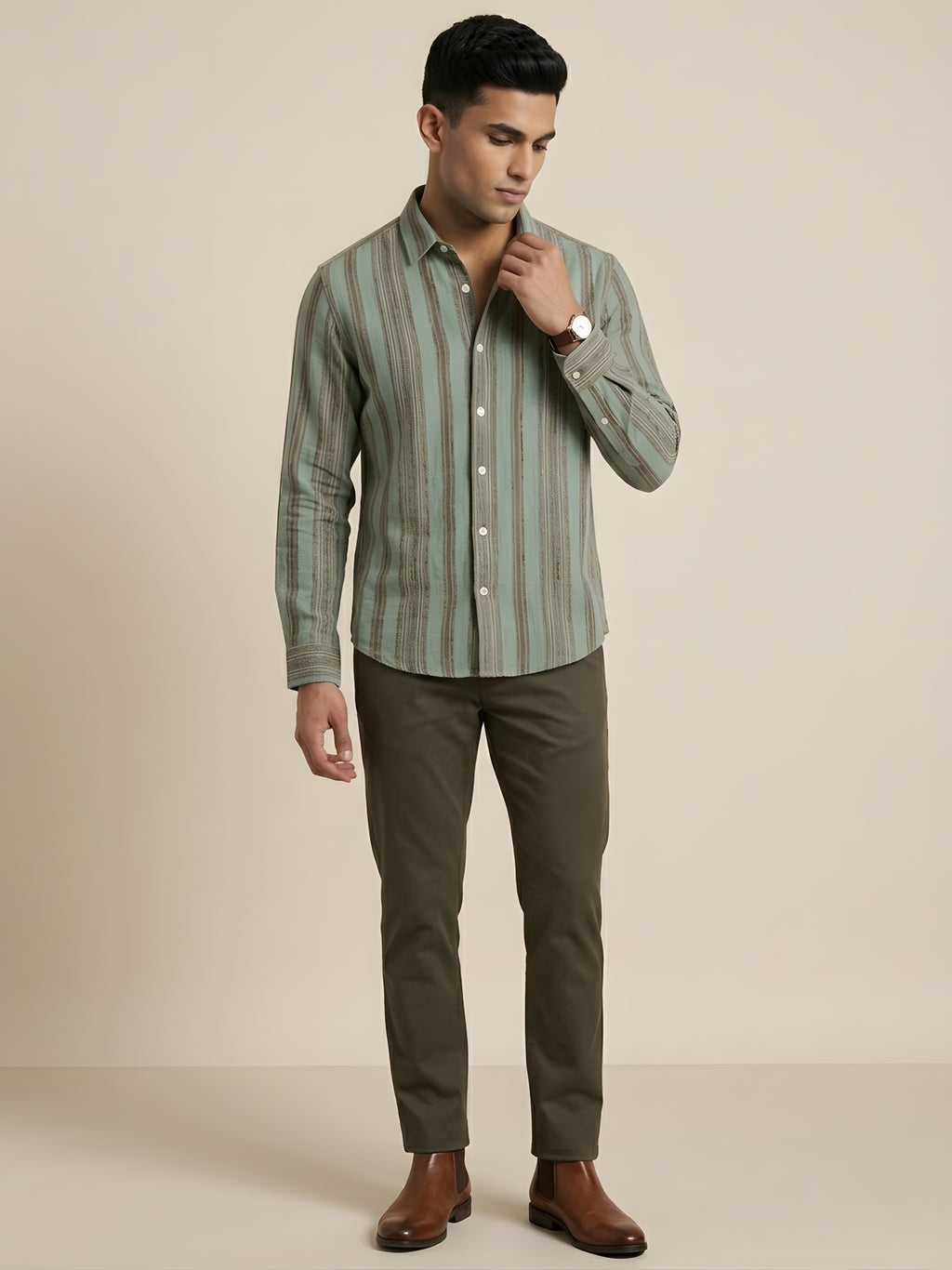 Green striped Snipes premium shirt with classic collar and long sleeves, displayed on a plain background.
