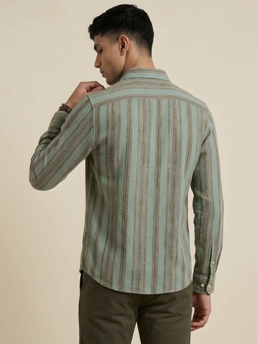 Green Snipes premium striped shirt with a classic collar and long sleeves, displayed flat on a white background.