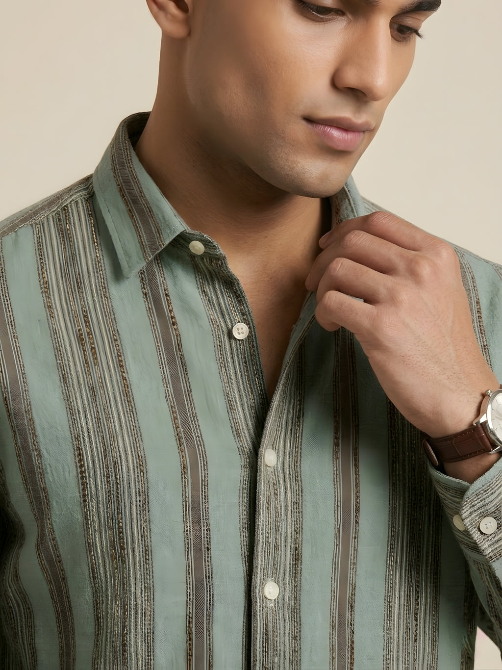 Green Snipes premium striped shirt with a classic collar, button front, and long sleeves, displayed on a hanger.