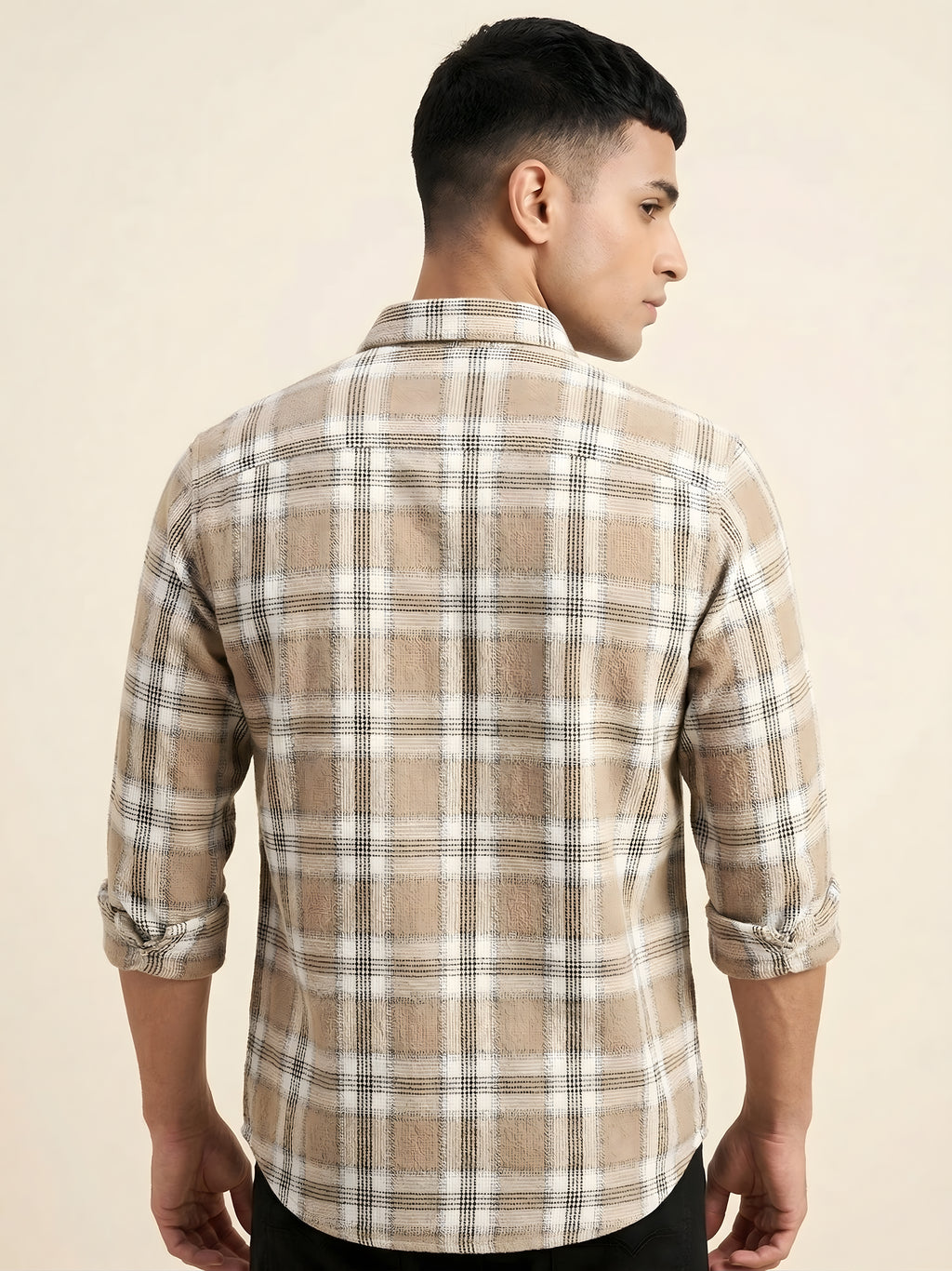 Snipes premium checked shirt with blue and white pattern, button-up style, and classic collar, displayed on a hanger.