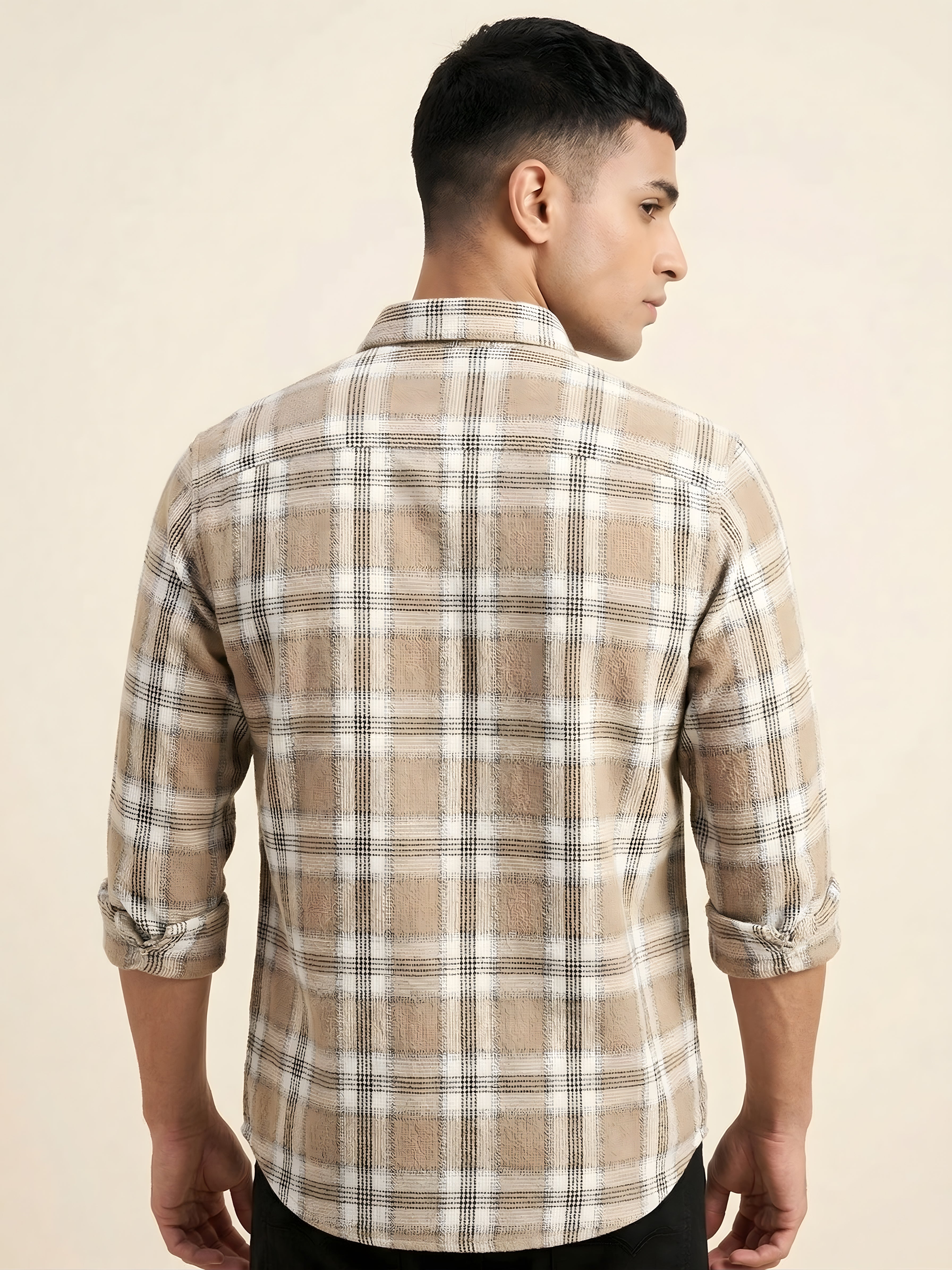 Snipes premium checked shirt with blue and white pattern, button-up style, and classic collar, displayed on a hanger.