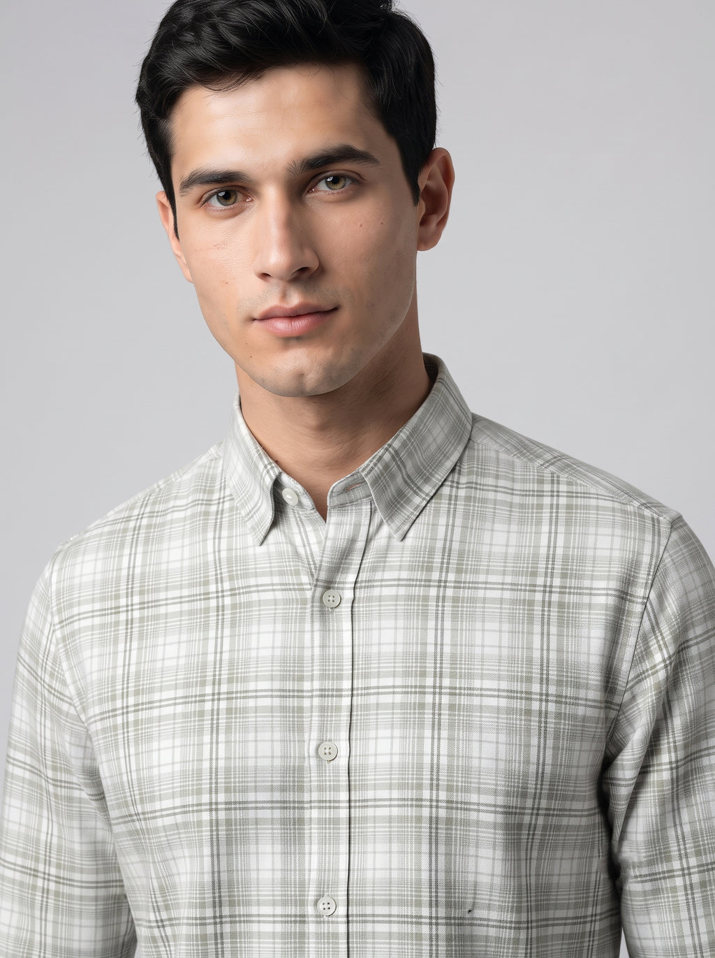 Men’s Light Grey & White Plaid Check Full Sleeve Shirt