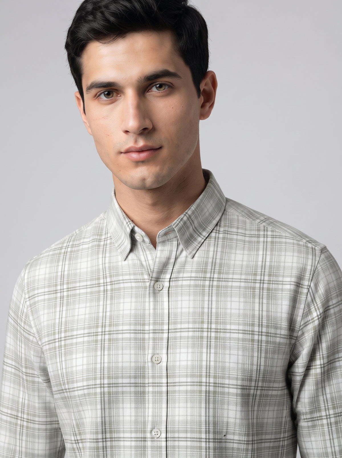 Men’s Light Grey & White Plaid Check Full Sleeve Shirt
