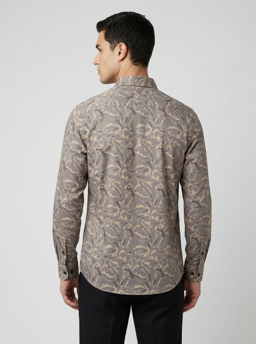 Men’s Taupe Satin Printed Abstract Full-Sleeve Shirt