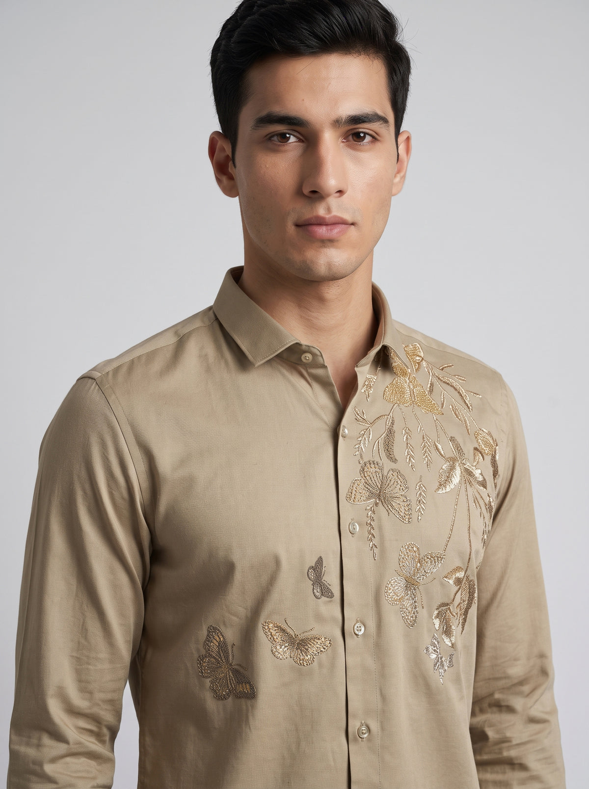 Men’s Floral Butterfly Print Stone Work Shirt