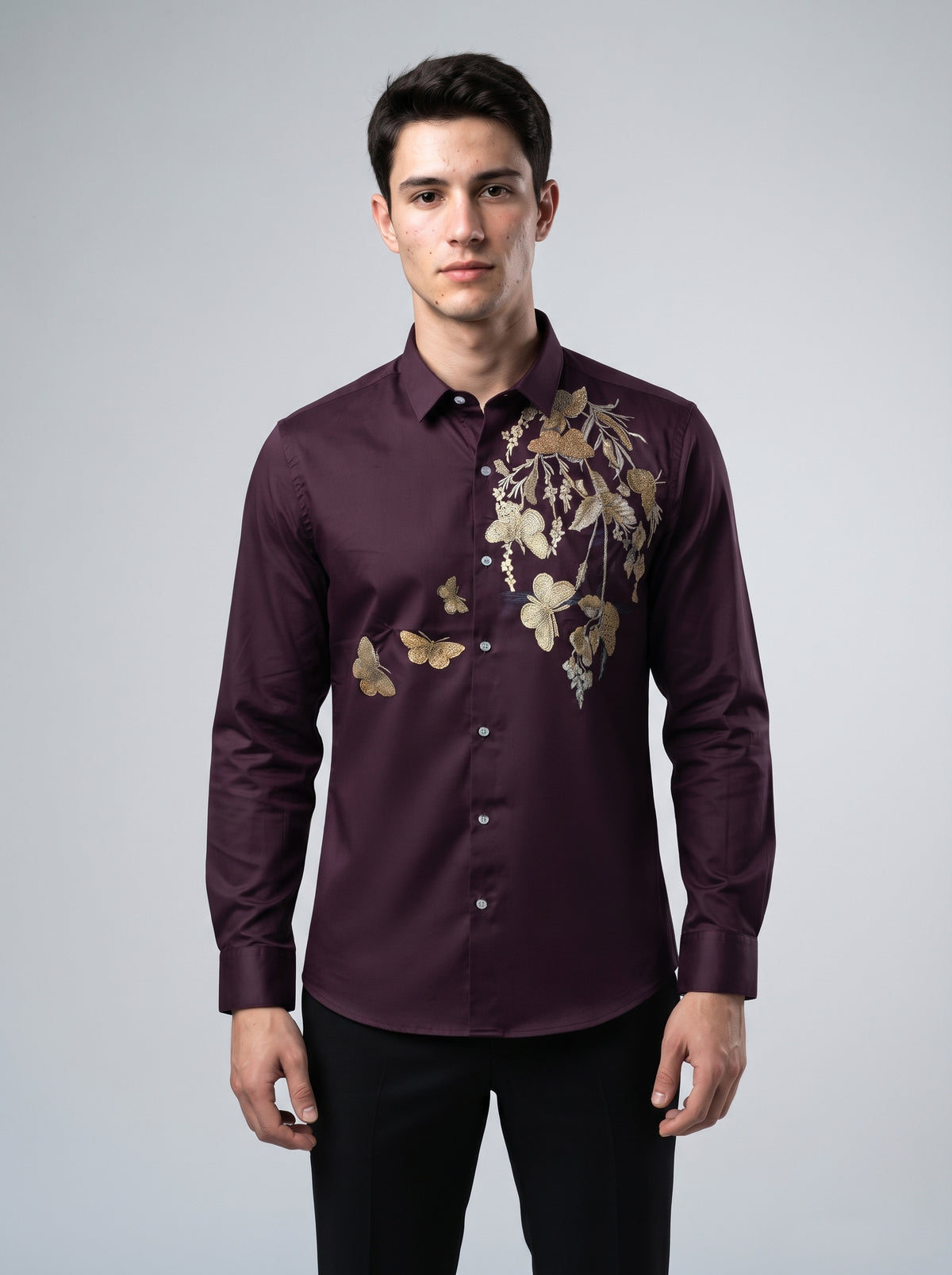 Men’s Floral Butterfly Print Stone Work Shirt