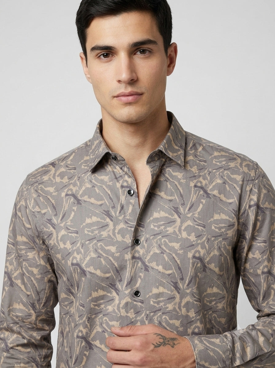 Men’s Taupe Satin Printed Abstract Full-Sleeve Shirt