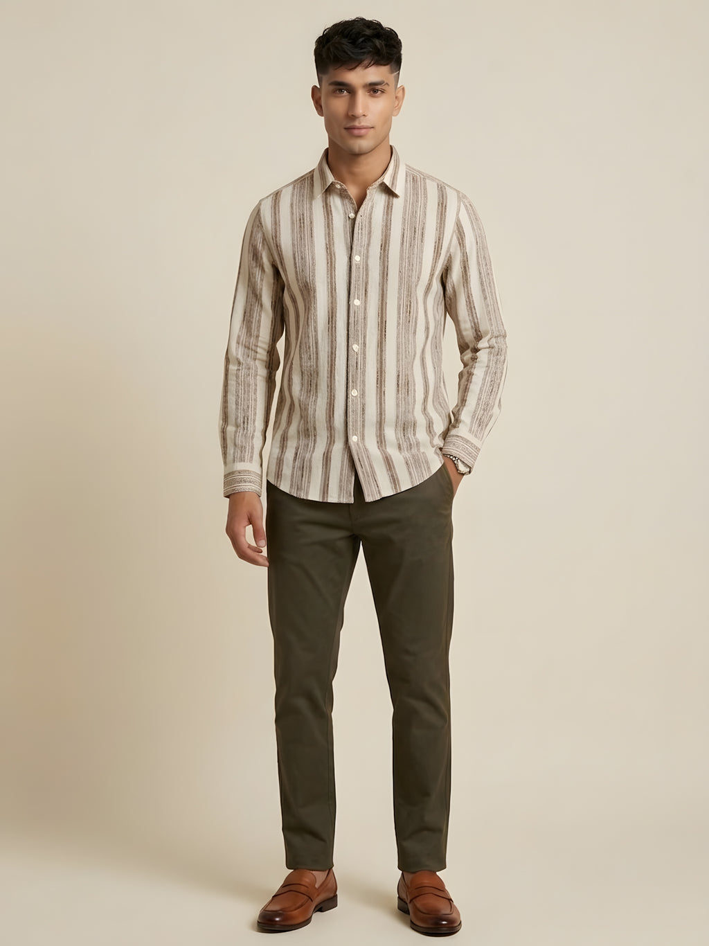 Beige Snipes Premium Stripes Shirt with classic striped pattern, button-down collar, and long sleeves displayed on a hanger.