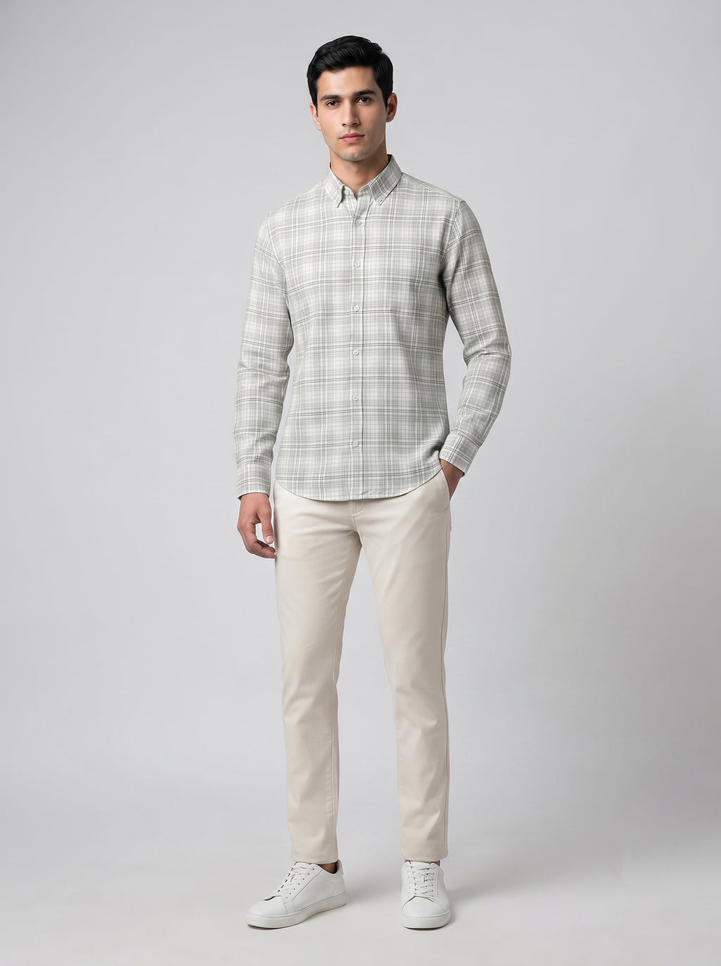 Men’s Light Grey & White Plaid Check Full Sleeve Shirt