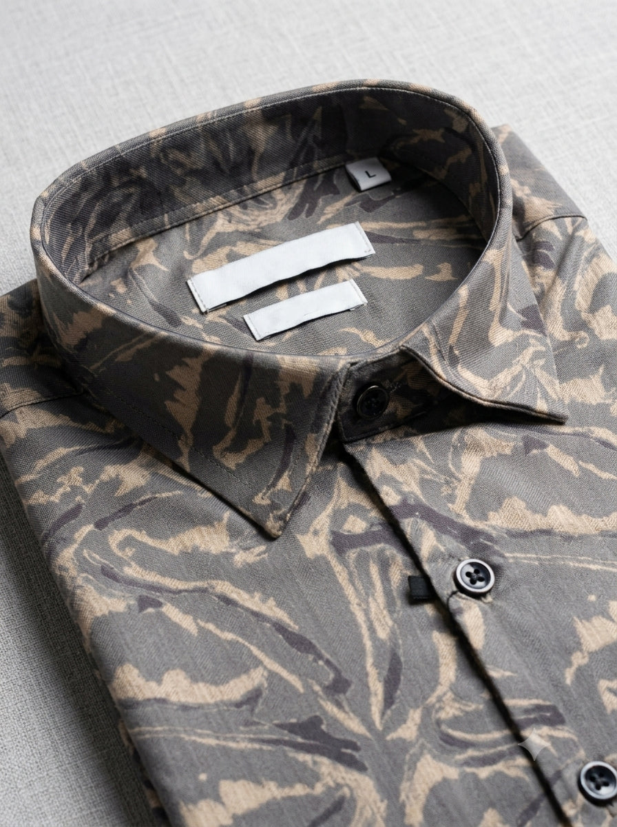 Men’s Taupe Satin Printed Abstract Full-Sleeve Shirt