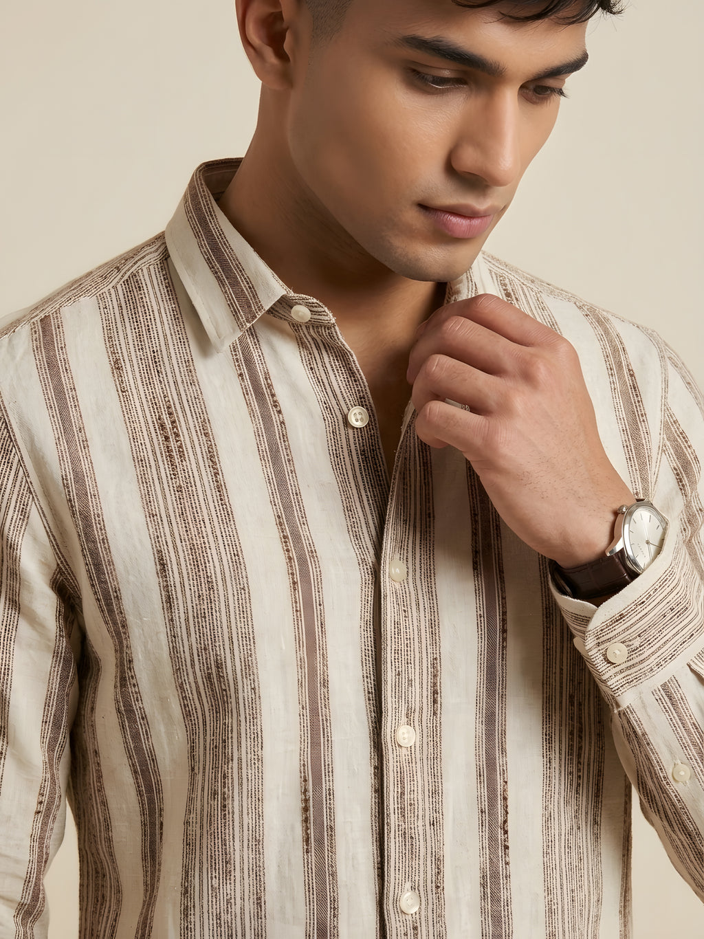 Beige Snipes premium striped shirt with a classic collar and button-down front, displayed on a neutral background.