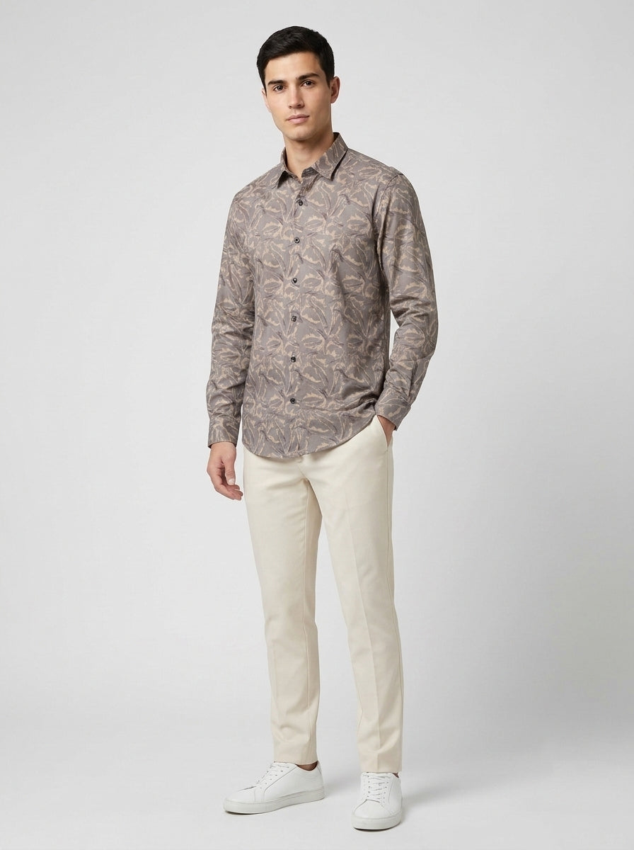 Men’s Taupe Satin Printed Abstract Full-Sleeve Shirt