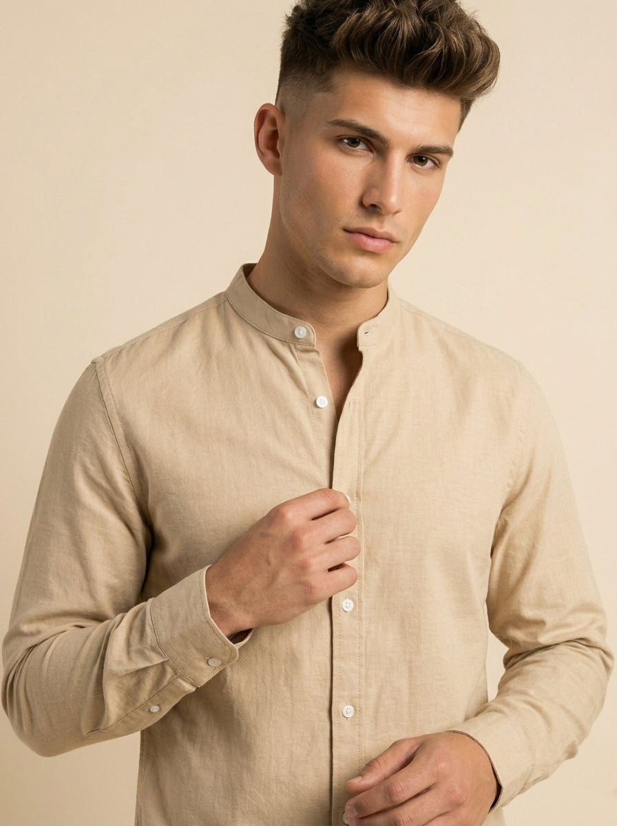 Light beige linen Mandarin collar shirt from Snipes featuring a sleek, minimalist design and button-up front.