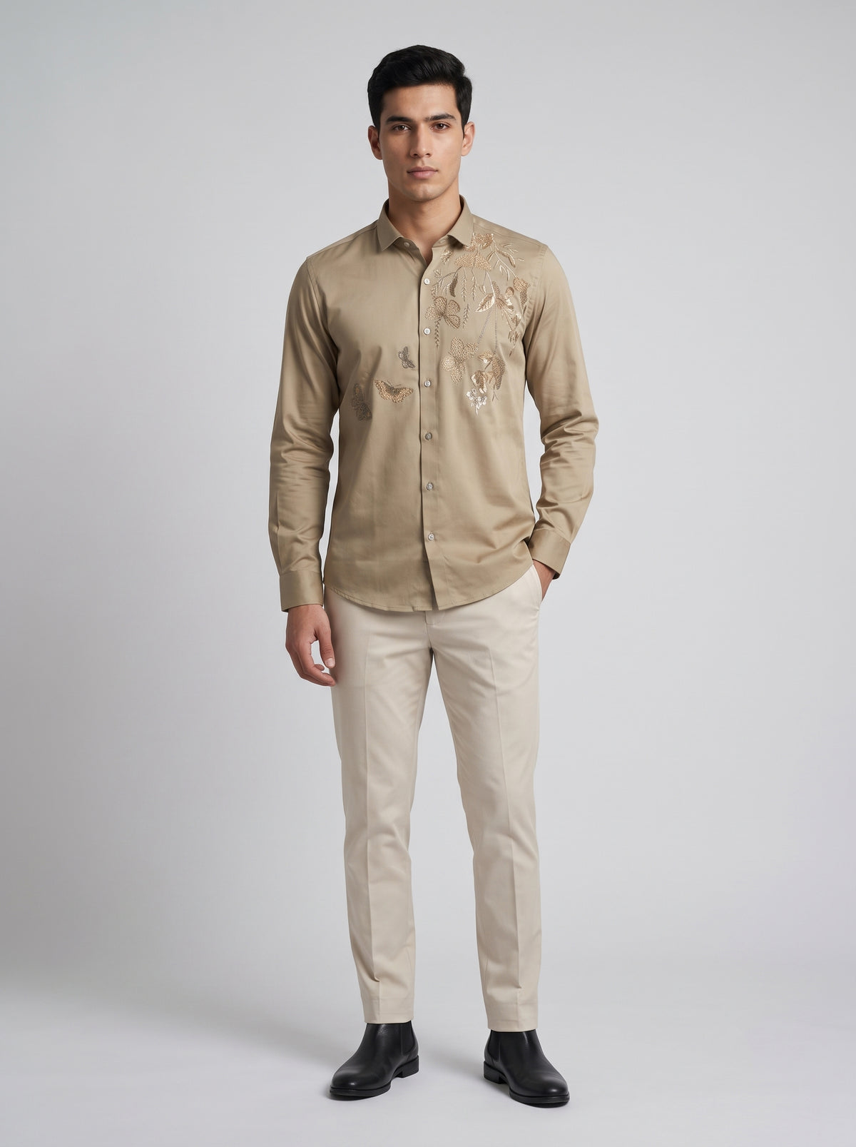 Men’s Floral Butterfly Print Stone Work Shirt