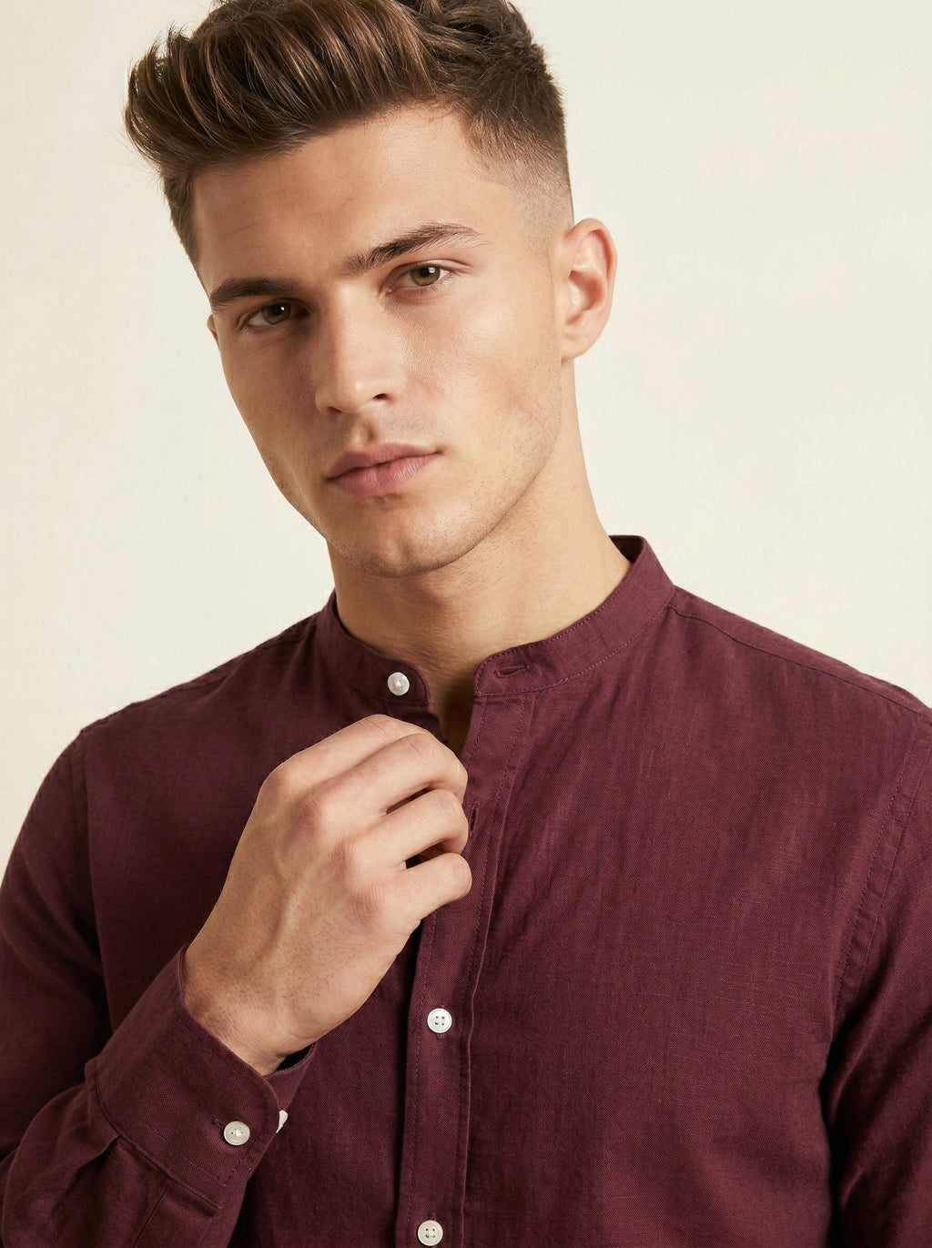 Linen Mandarin collar shirt by Snipes featuring a relaxed fit and lightweight fabric, shown in a neutral color.