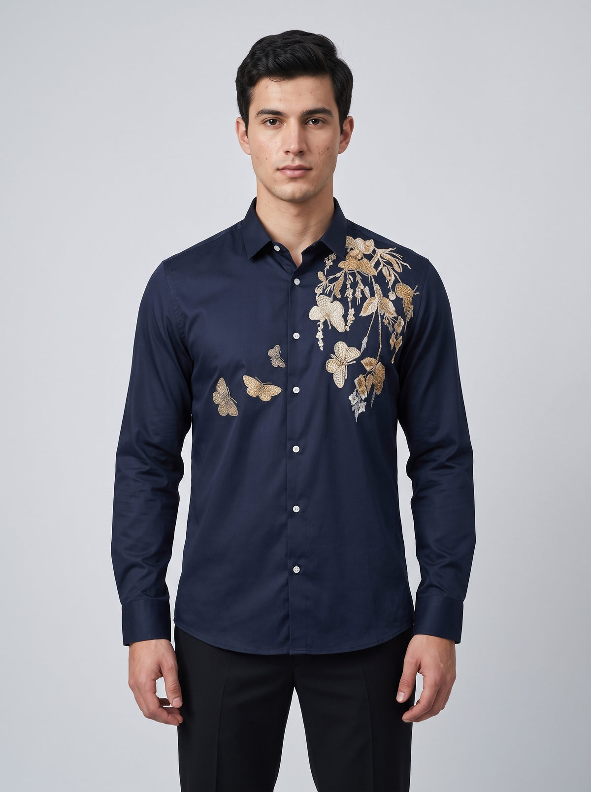 Men’s Floral Butterfly Print Stone Work Shirt