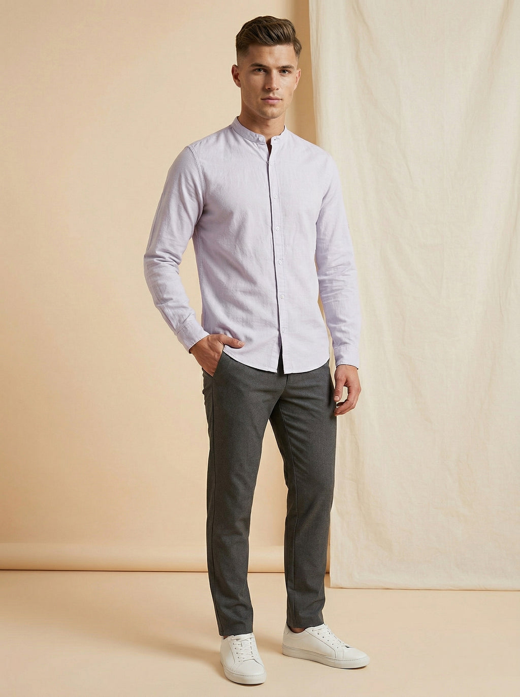 Light beige linen Mandarin collar shirt by Snipes, showing front view with button closure and relaxed fit.