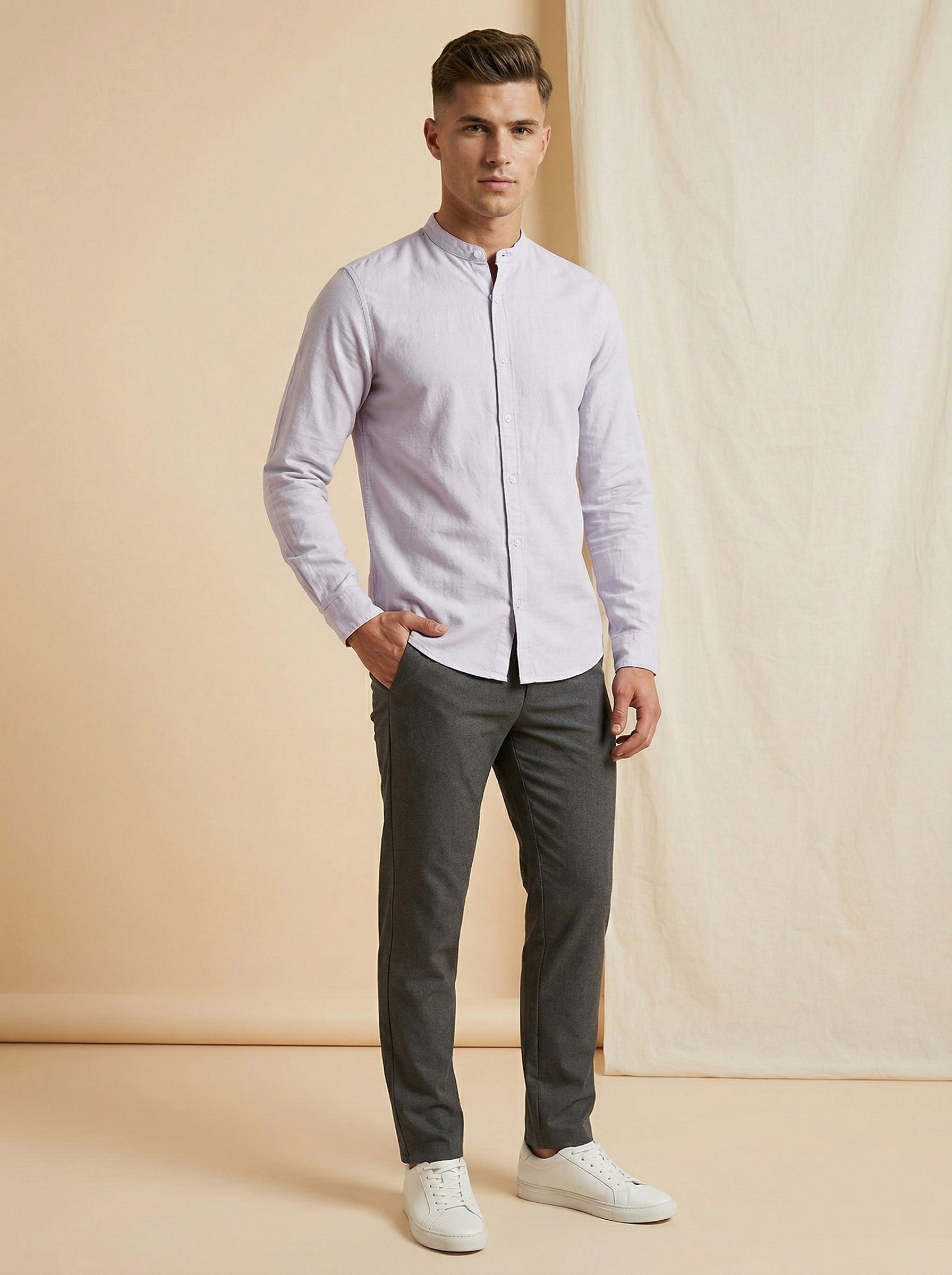Light beige linen Mandarin collar shirt by Snipes, showing front view with button closure and relaxed fit.