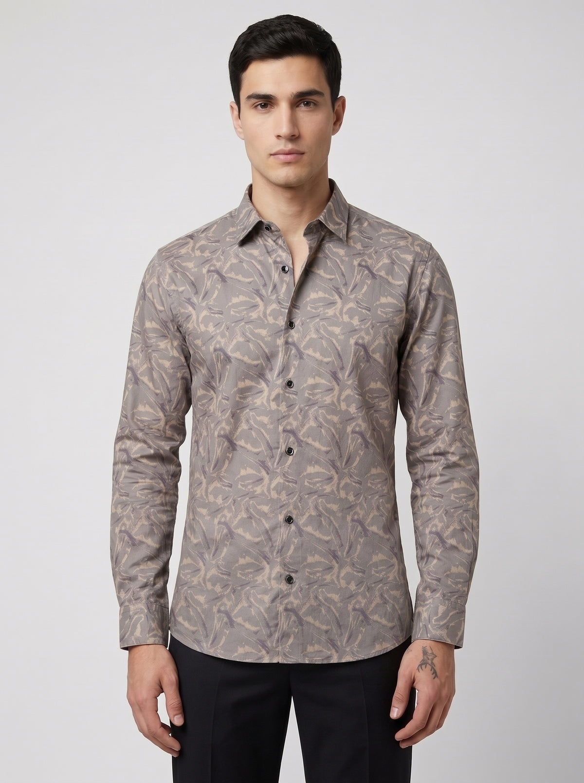 Men’s Taupe Satin Printed Abstract Full-Sleeve Shirt