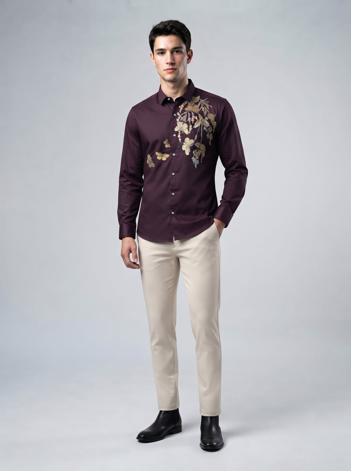 Men’s Floral Butterfly Print Stone Work Shirt