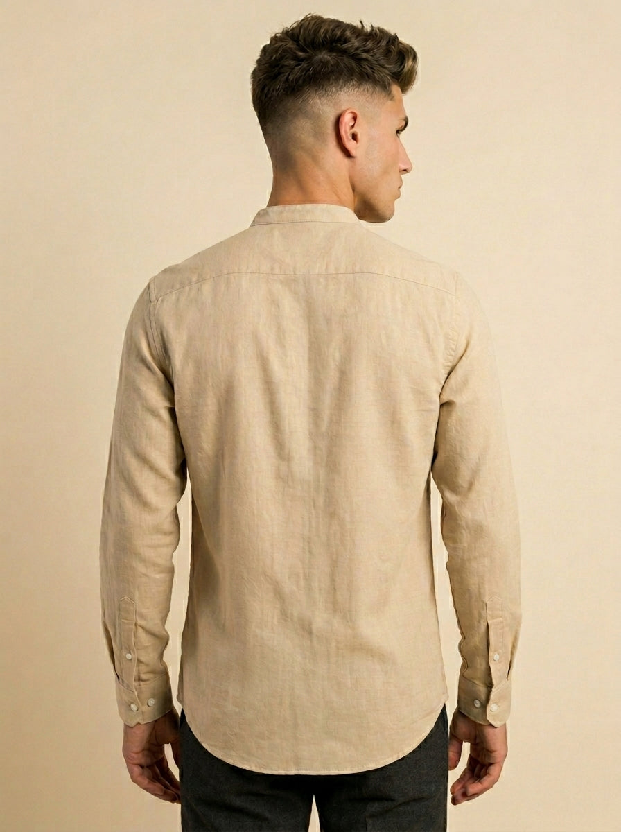 Linen Mandarin collar shirt by Snipes, featuring a lightweight fabric and stylish collar design, displayed on a hanger.