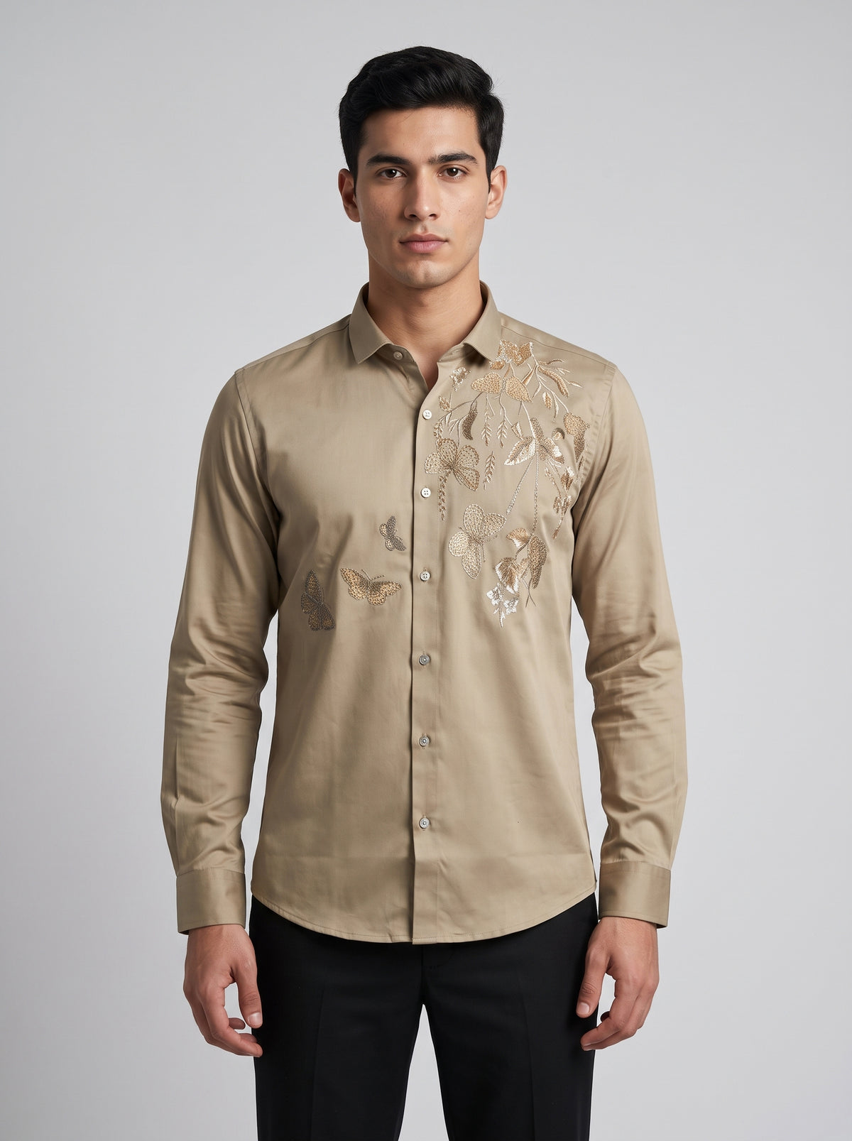 Men’s Floral Butterfly Print Stone Work Shirt