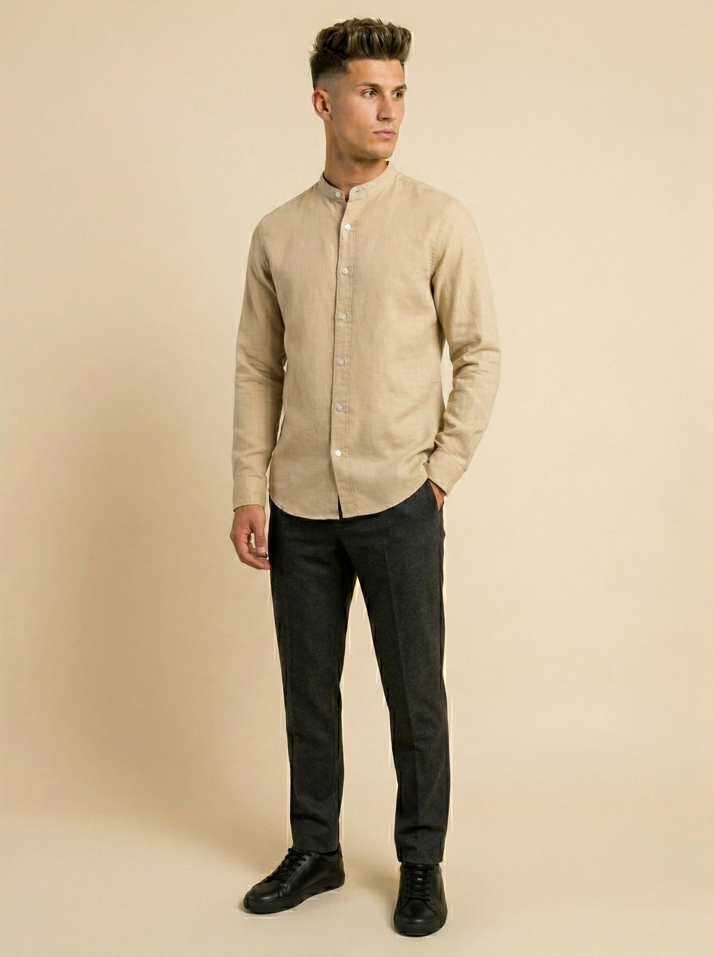 Linen Mandarin collar shirt by Snipes featuring a stylish, lightweight design and button-front closure.