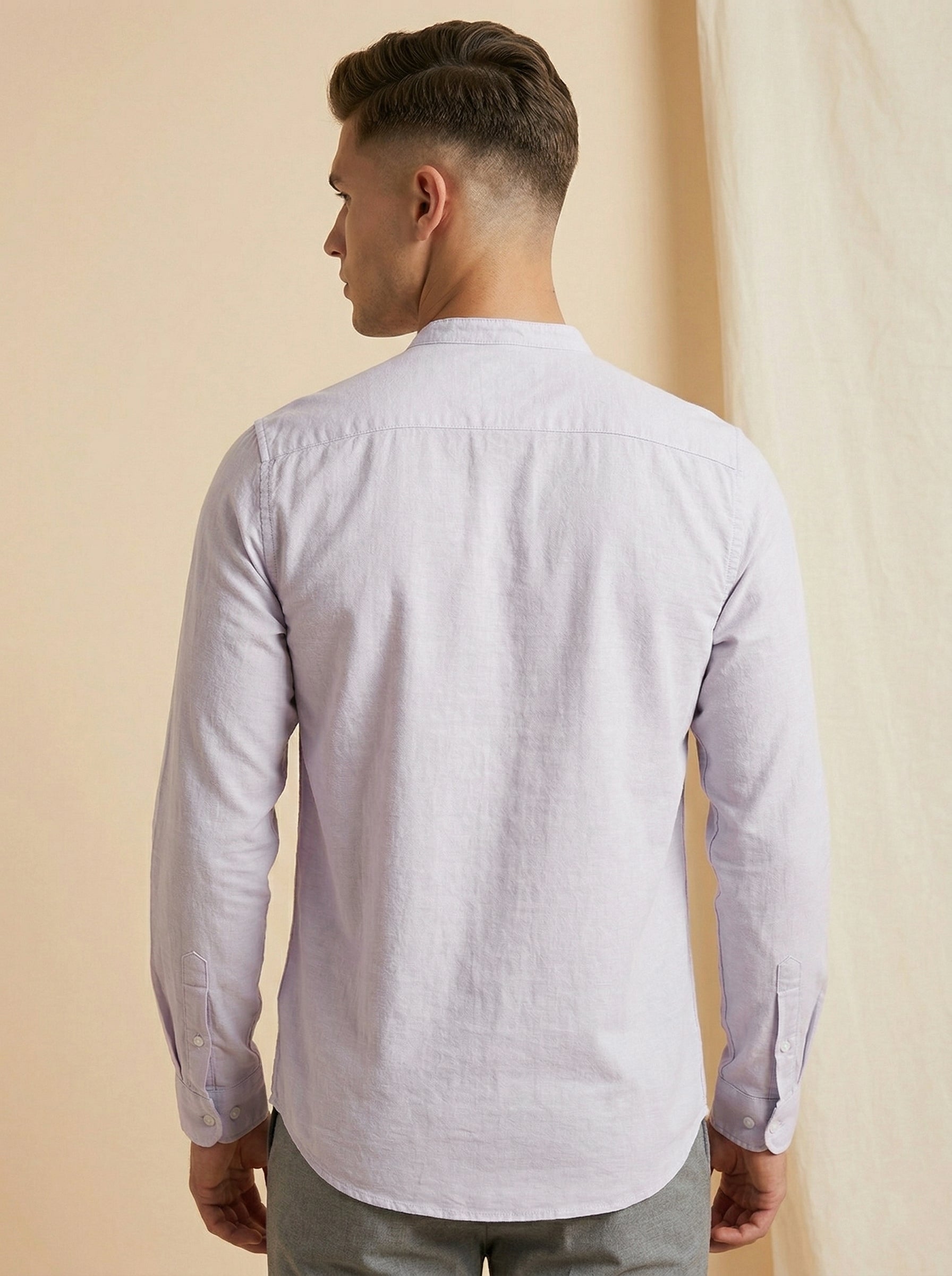 Light beige linen Mandarin collar shirt by Snipes, featuring a slim fit and button-front design, displayed on a hanger.