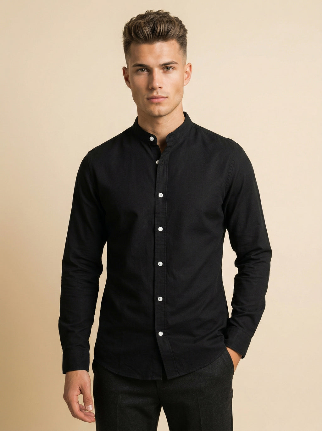 Linen Mandarin collar shirt by Snipes, light and breathable fabric with a stylish collar, displayed on a plain background.