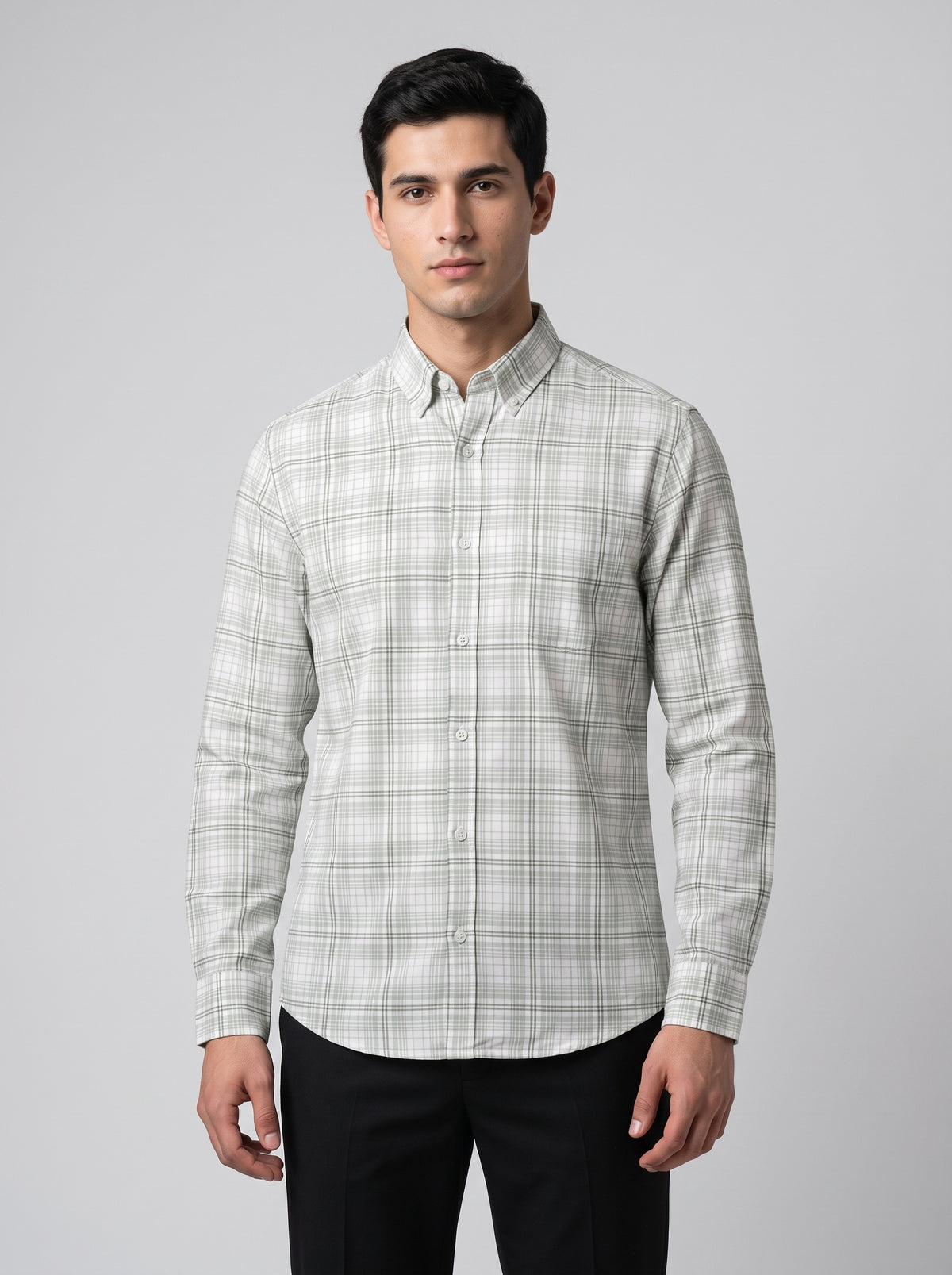 Men’s Light Grey & White Plaid Check Full Sleeve Shirt